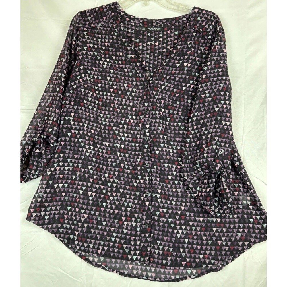 MAURICES Button Down V-Neck 3/4 Sleeve Black Print Casual Shirt Women's Sz L